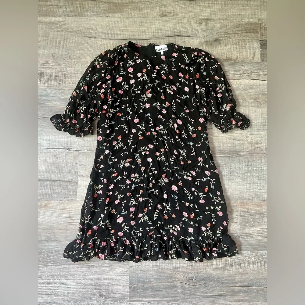 Ganni Elm Georgette Mini Dress 40 Floral Black Pink 8 Chiffon Wedding Garden - Picture 5 of 10